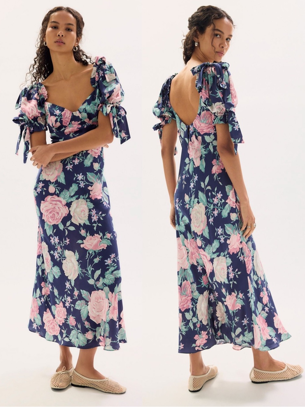 Selkie The Poet Silk Slip Dress Navy Pink Floral Puff Sleeve Small Free People